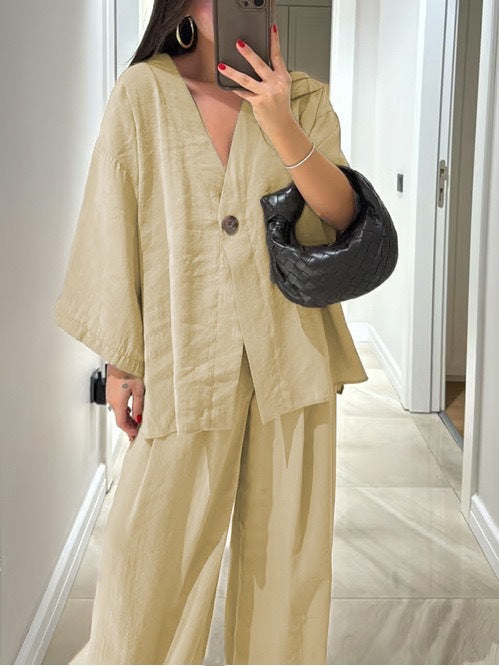 Damen nan entspanntes Zweiteiler-Leinenensemble mit kimonoartiger Oversize-Jacke und weiter Palazzohose Echo Archiv