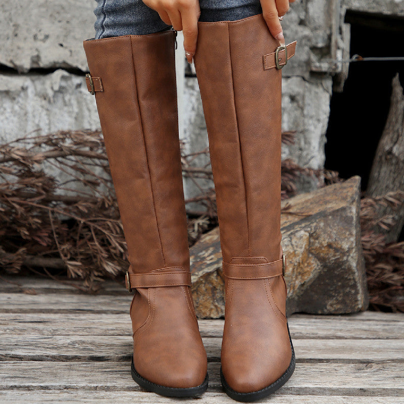 Damen  kniehohe Stiefel in Lederoptik mit seitlichem Reißverschluss und Zierschnalle Echo Archiv