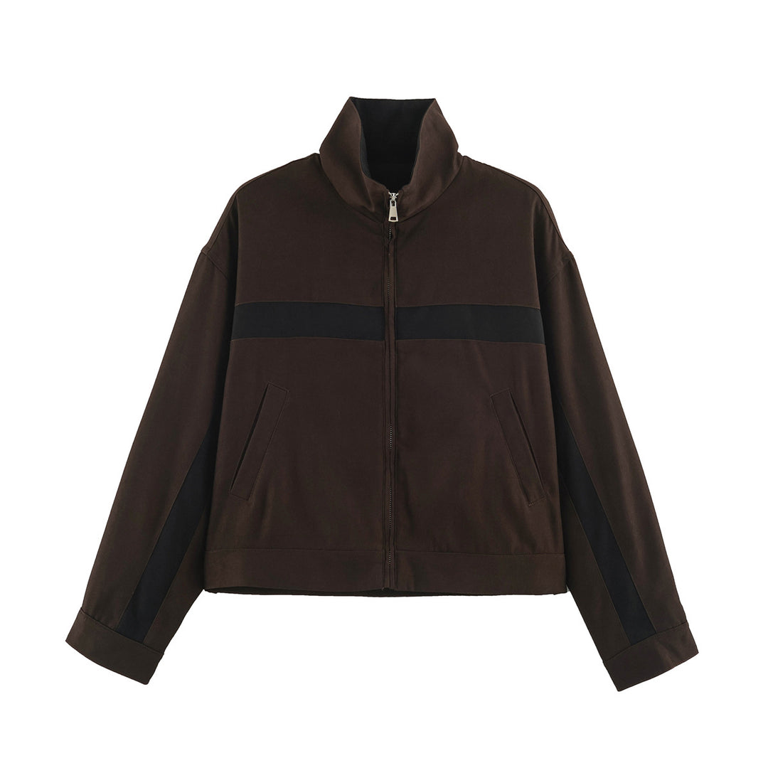 Unisex Kurz geschnittene Trackjacke mit Stehkragen, Kontraststreifen und Reißverschluss Echo Archiv