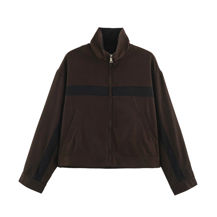 Unisex Kurz geschnittene Trackjacke mit Stehkragen, Kontraststreifen und Reißverschluss Echo Archiv