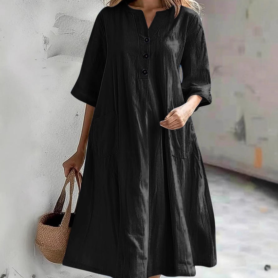 Damen nan locker fallendes A-Linien Kleid mit V-Ausschnitt-Knopfleiste, 3/4-Ärmeln und aufgesetzten Eingrifftaschen Echo Archiv