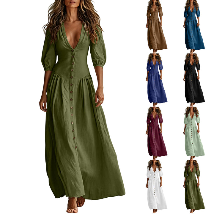 Damen Maxikleid mit tiefem V-Ausschnitt, durchgehender Knopfleiste und Ballonärmeln – Valéora