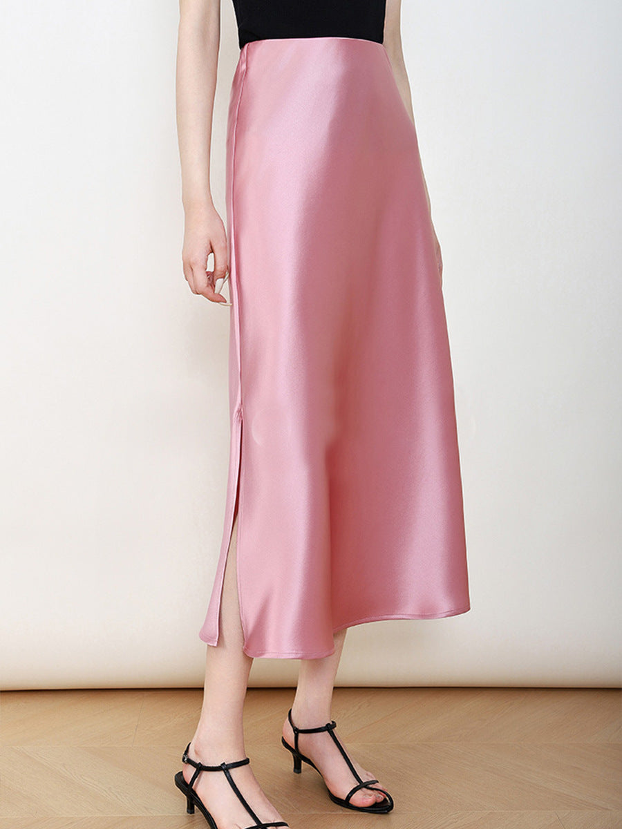 Damen Eleganter Hochtaillierter Satin-Midirock Echoarchiv