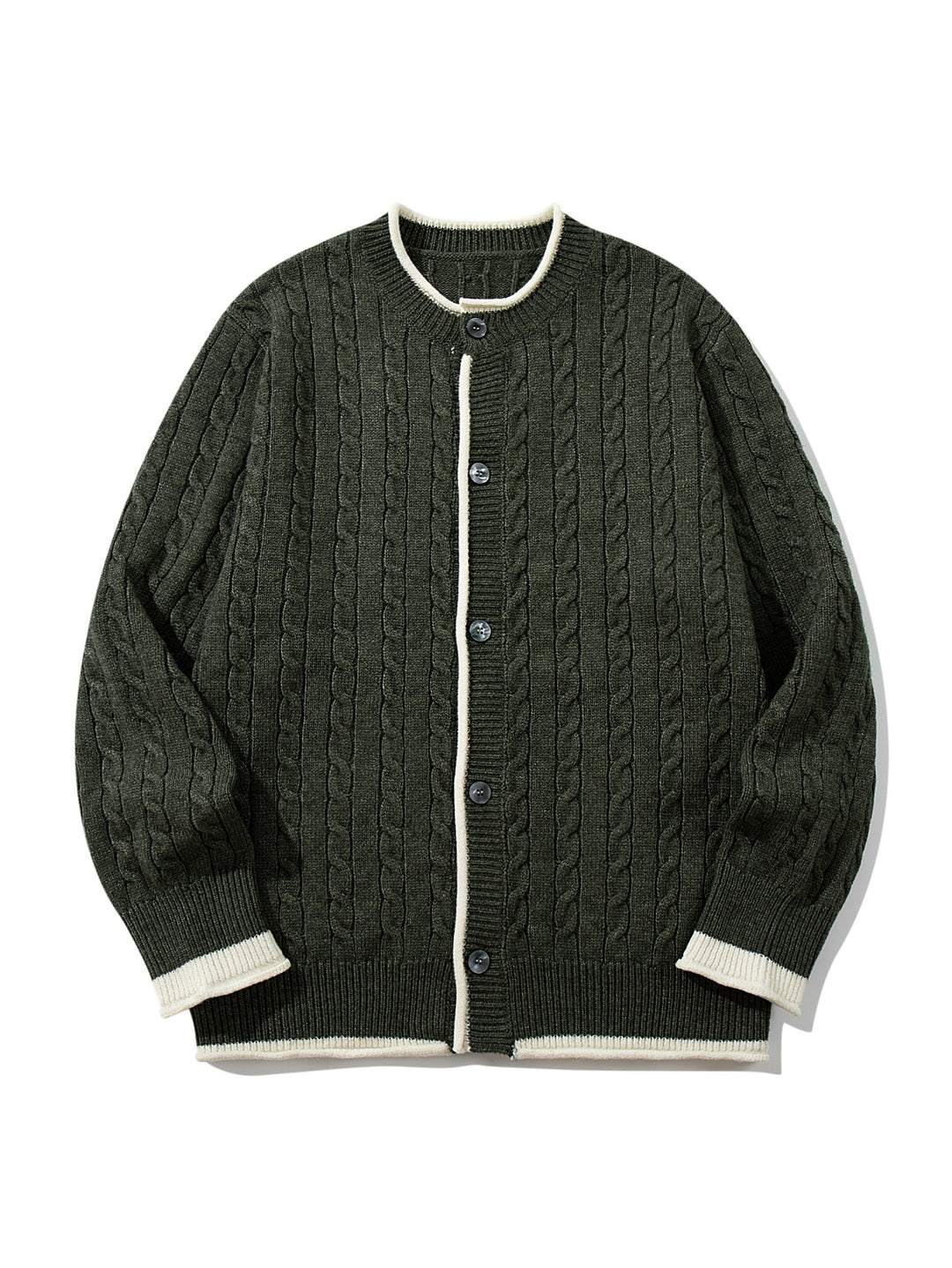 Unisex Kabelstrick-Cardigan mit Rundhals, kontrastierten Bündchen und durchgehender Knopfleiste Echoarchiv