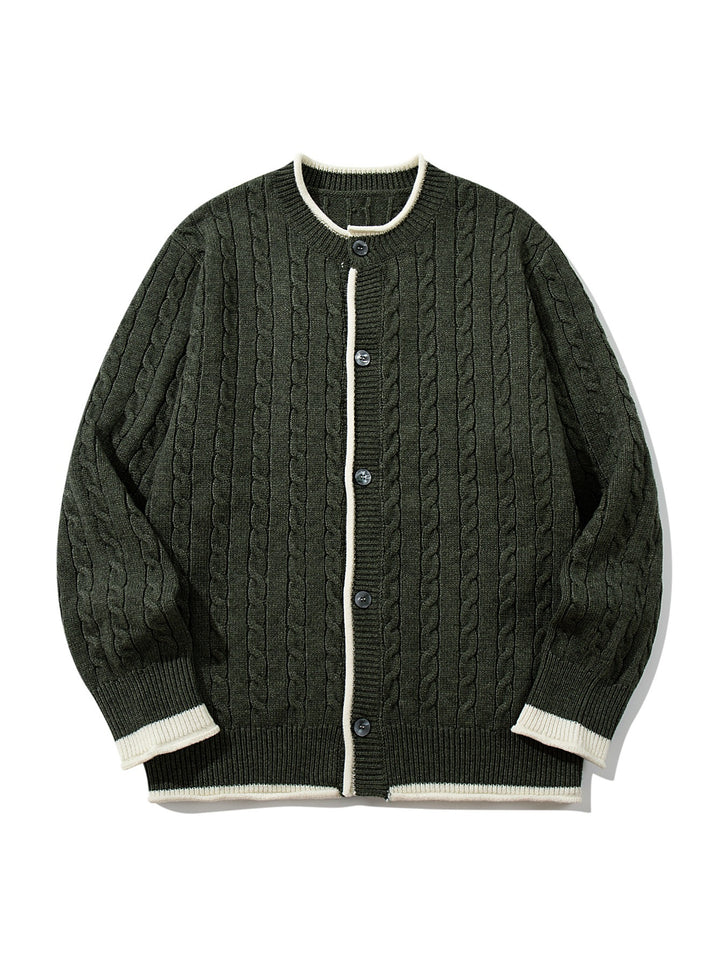 Unisex Kabelstrick-Cardigan mit Rundhals, kontrastierten Bündchen und durchgehender Knopfleiste Echoarchiv