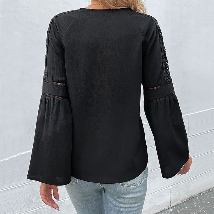 Damen Lässige V‑Ausschnitt-Bluse mit Kapuzenband & Spitzeneinsatz an den Schultern Echoarchiv