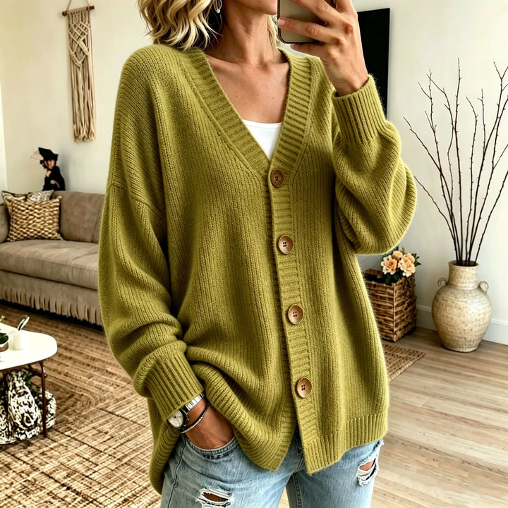 Damen Lockerer Longline-Cardigan mit tiefem V-Ausschnitt und Holzknöpfen – Veloura