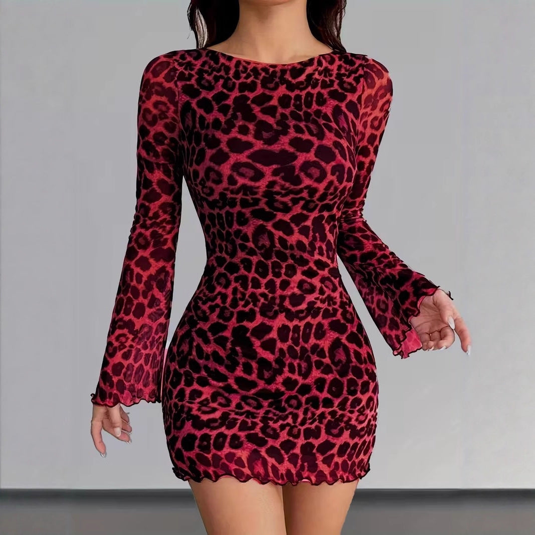 Damen Figurbetontes Mesh-Minikleid mit Leo-Print und Langarm Echoarchiv
