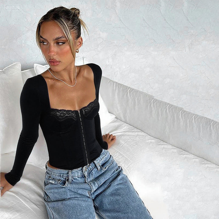 Damen Figurbetontes Langarm-Corsagen-Top mit Spitzenbustier und Haken‑Ösen-Verschluss – Avérine