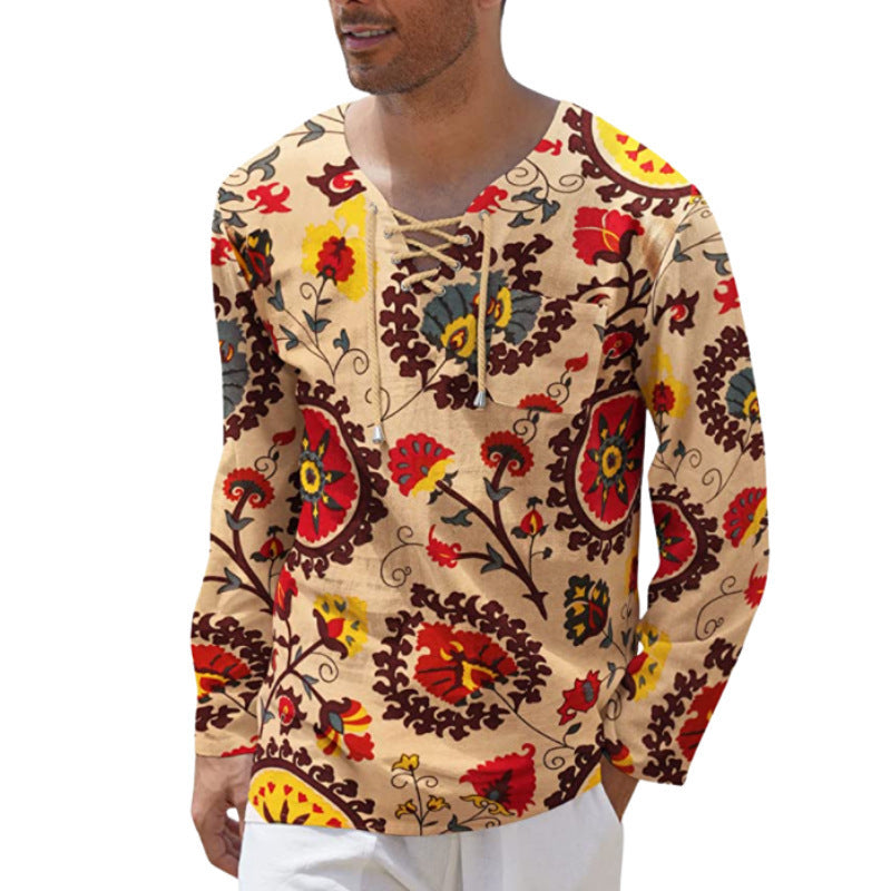 Herren Langarmshirt mit einzigartigem Schnürdetail und kreativem Patchwork-Muster Echoarchiv
