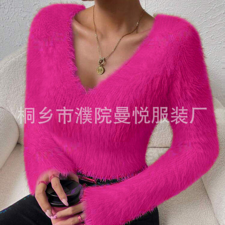 Damen Flauschiger Crop-Pullover mit V-Ausschnitt und Eyelash-Struktur – Mavelle