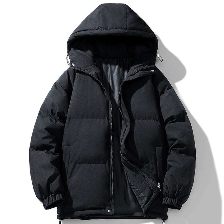 Herren minimalistischer oversized gepolsterter Mantel mit gestepptem Thermofutter und Kordelzugkapuze – Taviero