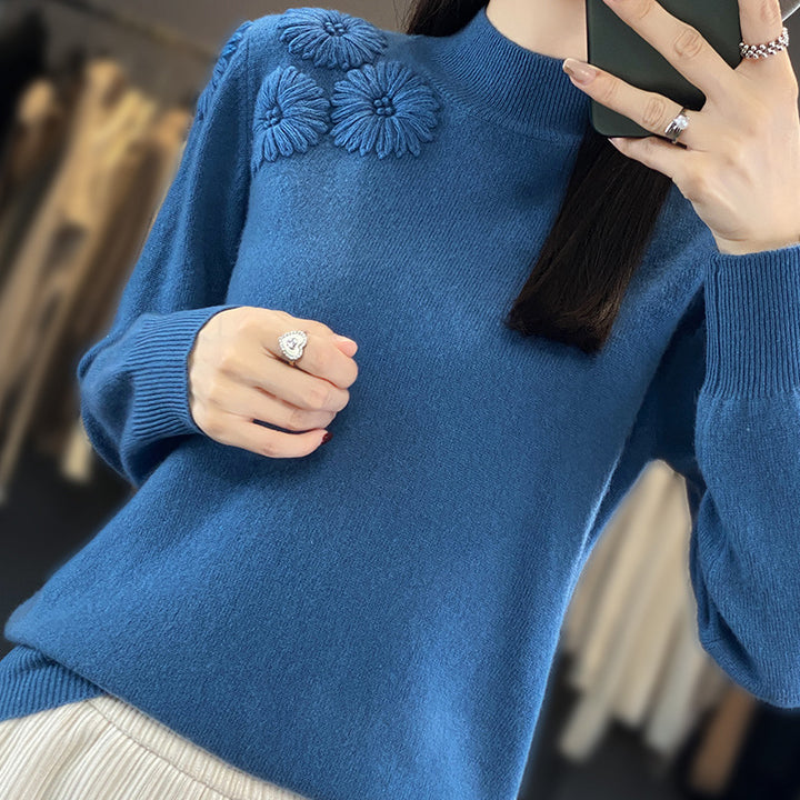Damen Weicher Feinstrickpullover mit kurzem Stehkragen, 3D‑Blütenapplikation und gerippten Bündchen Echoarchiv