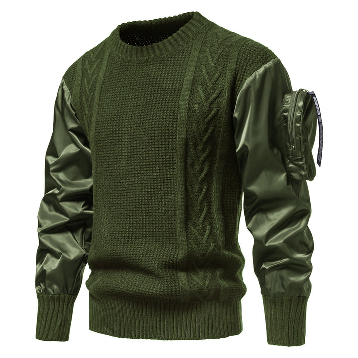 Herren Grobstrickpullover mit modernen Kunstlederärmeln Echoarchiv