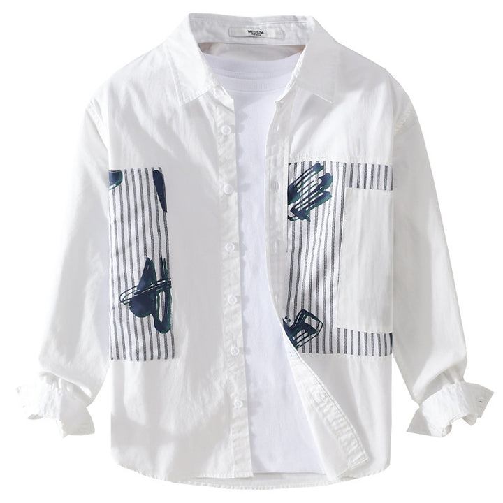 Herren Casual-Overshirt aus Baumwollpopeline mit gestreiften Patch-Einsätzen und Pinselprint Echoarchiv