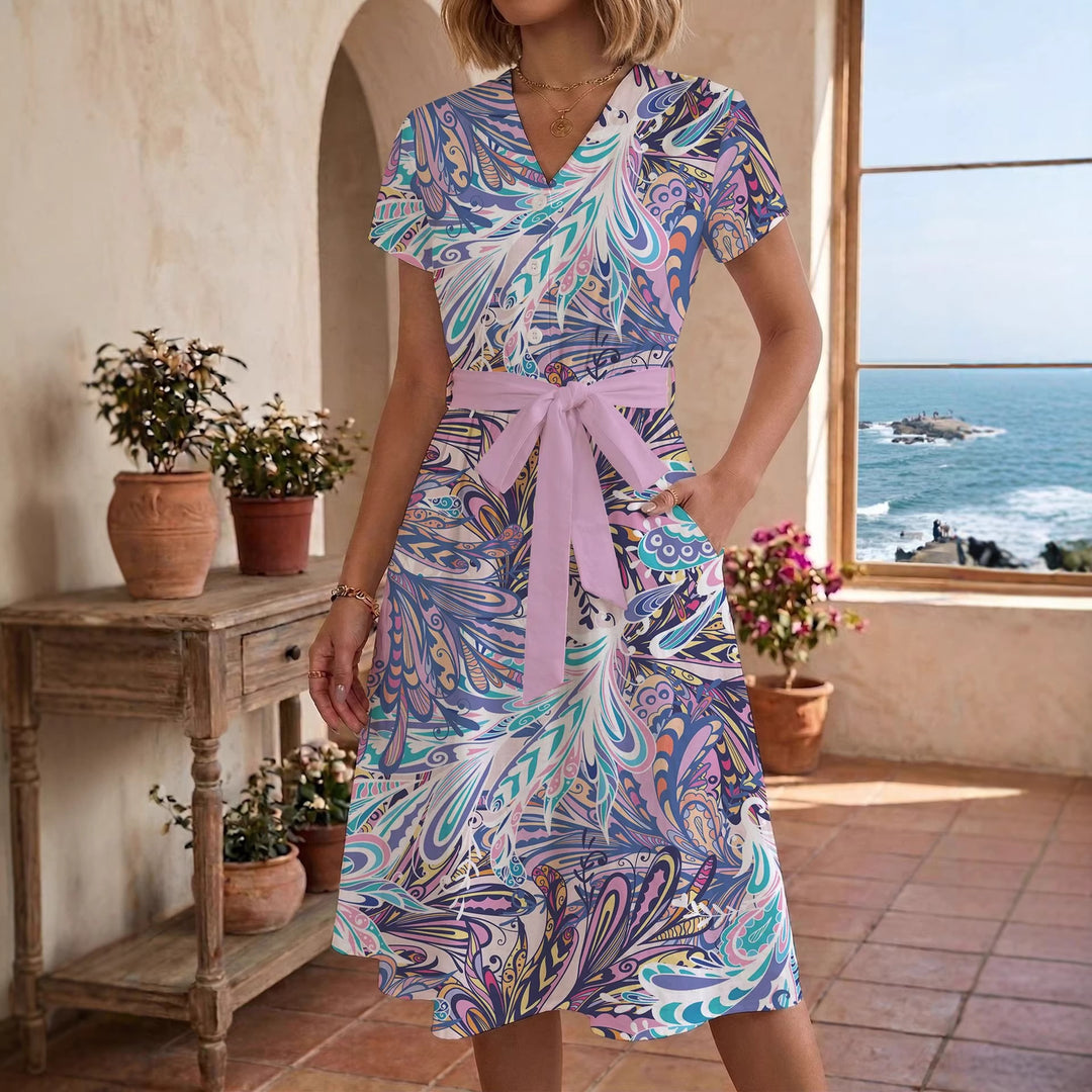Damen Sommerliches Kleid mit taillierbarem Bindegürtel und floralem Muster Echo Archiv
