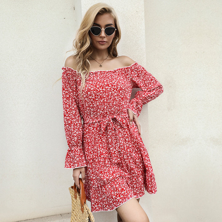 Damen Schulterfreies Blumen-Minikleid mit Taillenschnur und Stufenrock Echoarchiv