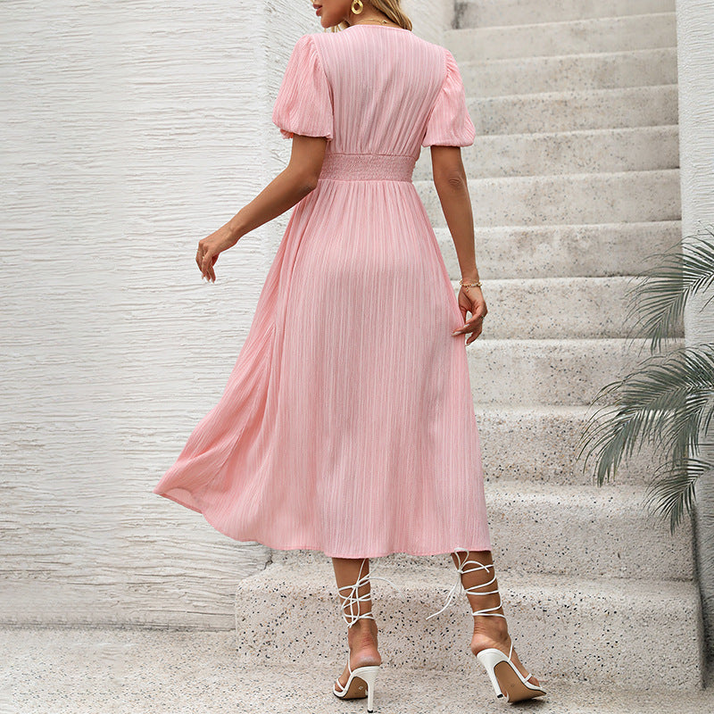 Damen Figurumschmeichelndes Midikleid mit Rippstruktur, Puffärmeln und V‑Ausschnitt Echoarchiv