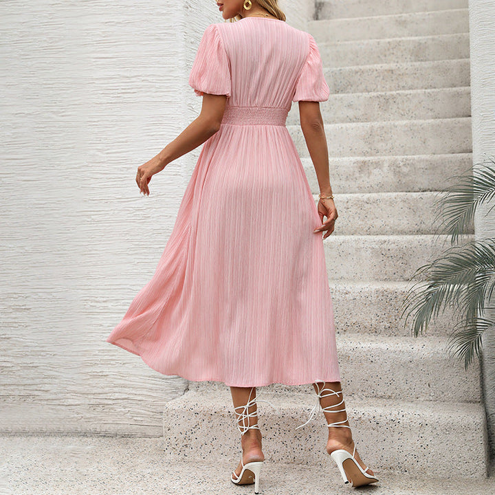 Damen Figurumschmeichelndes Midikleid mit Rippstruktur, Puffärmeln und V‑Ausschnitt Echoarchiv