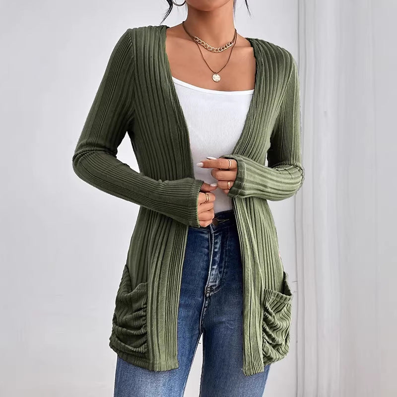Damen Gerippter Langcardigan mit offener Front, Eingrifftaschen und legerer Passform – Veloura