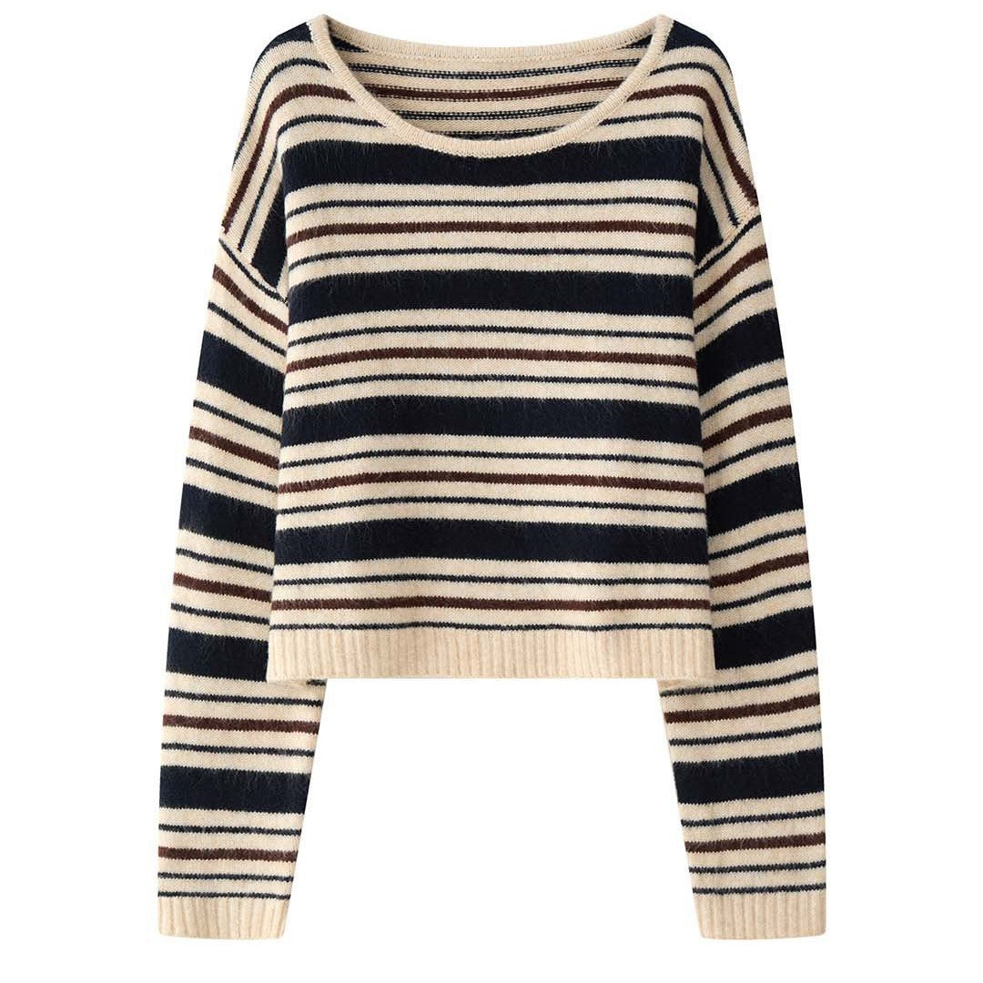 Damen Weicher Oversize-Streifenpullover mit U-Boot-Ausschnitt und Flauschoptik Echoarchiv