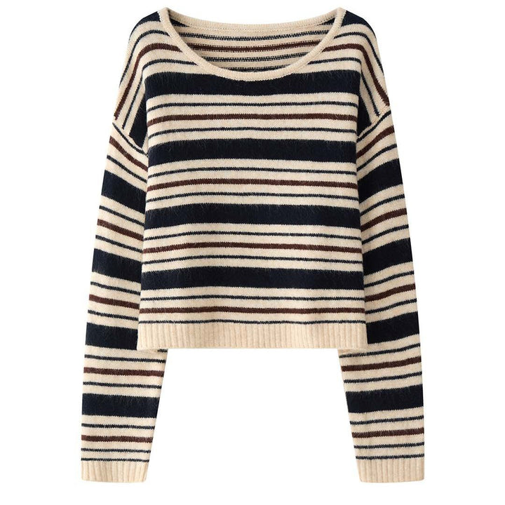 Damen Weicher Oversize-Streifenpullover mit U-Boot-Ausschnitt und Flauschoptik Echoarchiv