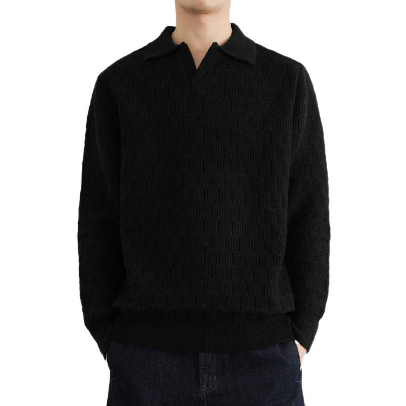Herren Feinstrick-Polo-Pullover mit Strukturstrick und offenem V-Ausschnitt Echoarchiv
