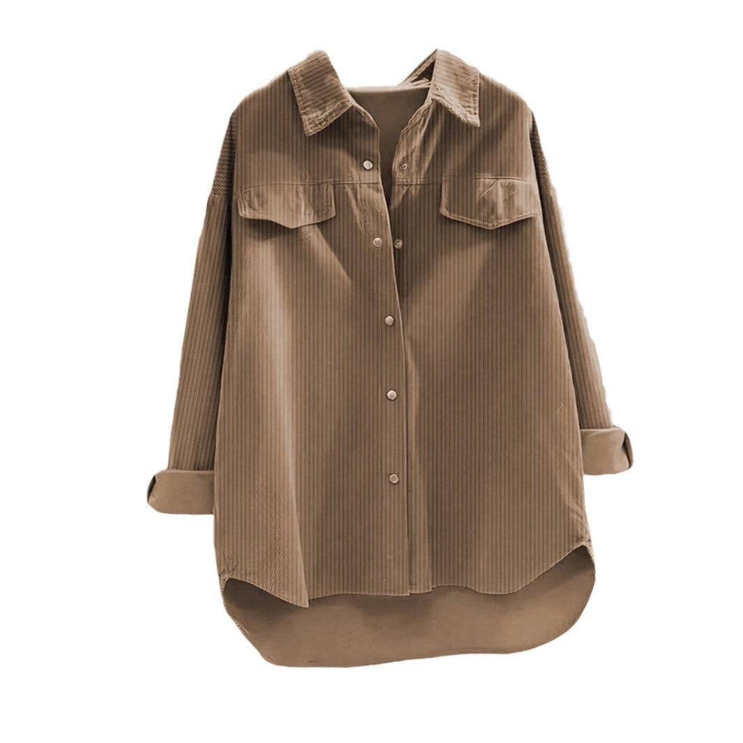 Damen Oversize-Cordhemd mit Brusttaschen & abgerundetem Saum – Avérine