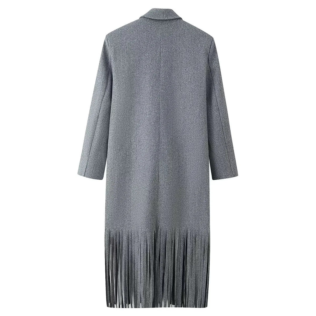 Damen langer zweireihiger Wollmix Mantel mit Fransenabschluss und Pattentaschen – Montévia