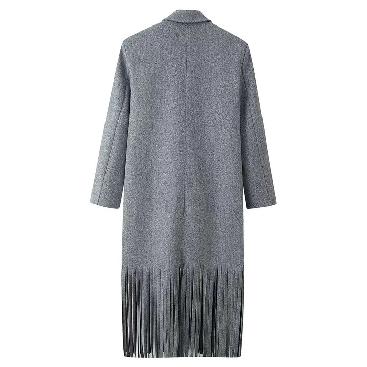 Damen langer zweireihiger Wollmix Mantel mit Fransenabschluss und Pattentaschen – Montévia