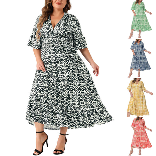 Damen Midikleid in A‑Linie mit grafischem Allover‑Print, geraffter Taillenpartie und Volantstufen Echo Archiv
