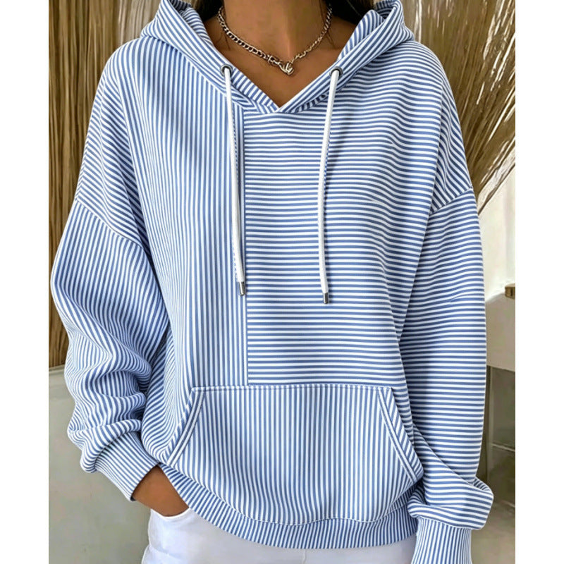 Damen Oversize Kapuzenpullover mit feinem Streifenprint, Kängurutasche und V-Ausschnitt-Kapuze – Auréline