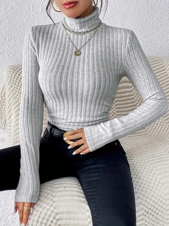 Damen Figurbetonter Rippstrick-Rollkragenpullover mit langen Ärmeln Echoarchiv