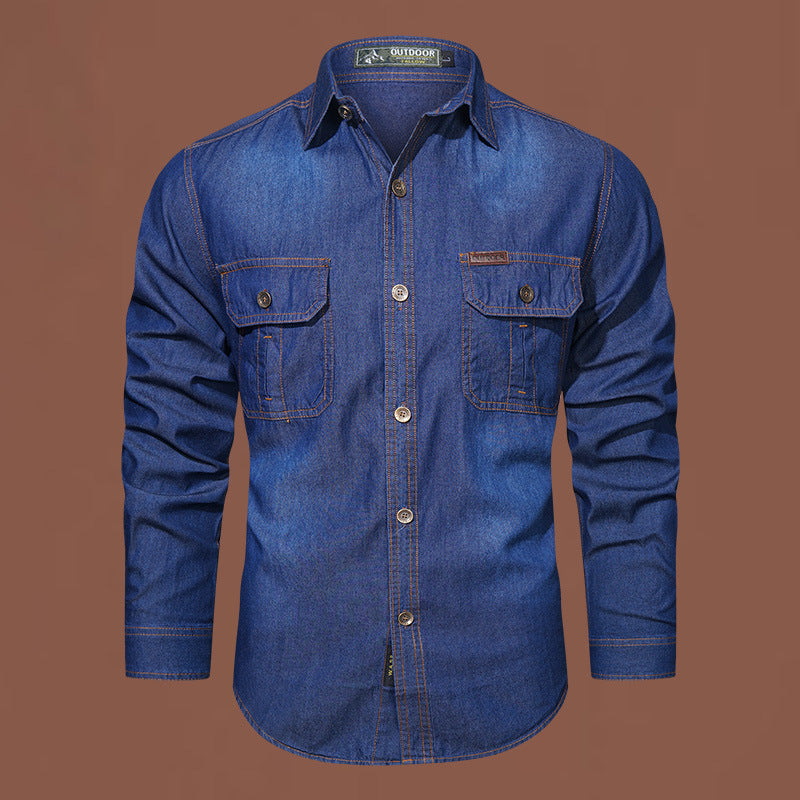 Herren  Denim Utility Button-Up-Shirt mit doppelten Klappentaschen auf der Brust Echo Archiv