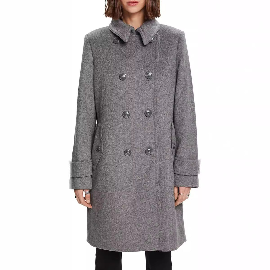 Damen Midilanger Doppelreihiger Marineinspirierter Wollmix-Peacoat mit Pattentaschen Echoarchiv