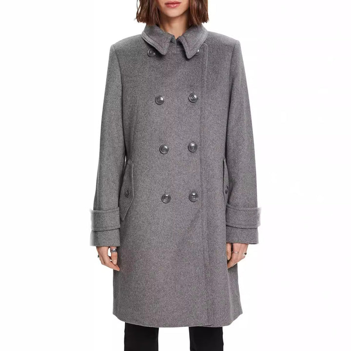 Damen Midilanger Doppelreihiger Marineinspirierter Wollmix-Peacoat mit Pattentaschen Echoarchiv