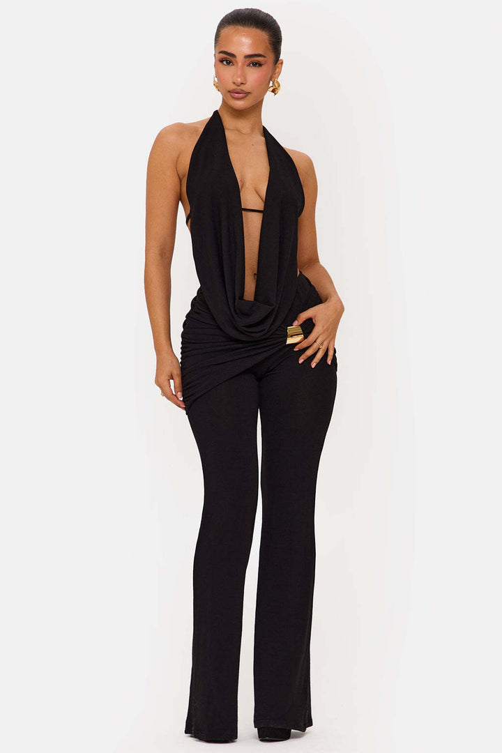 Damen Eleganter Jumpsuit mit doppeltem Kragen und trendiger Raffung Echo Archiv