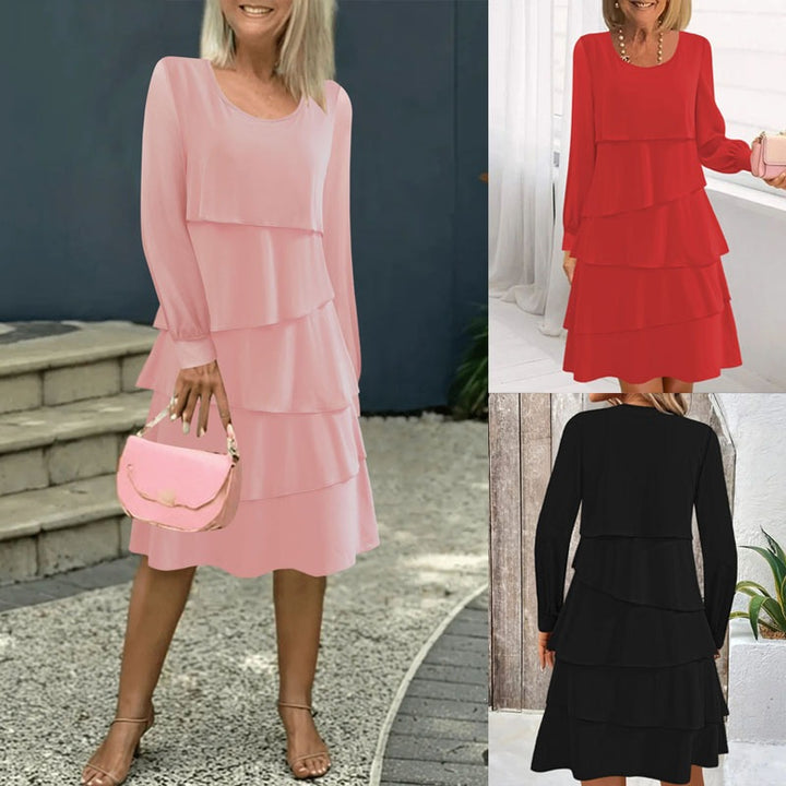 Damen Stufenkleid mit Lagenrock, Rundhalsausschnitt und Ballonärmeln – Élara