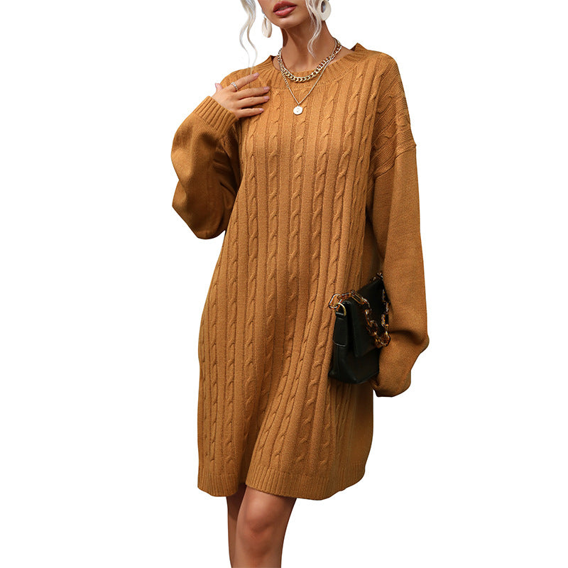 Damen Strickkleid mit Zopfmuster, lässiger Oversize-Passform und Taillengürtel Echoarchiv
