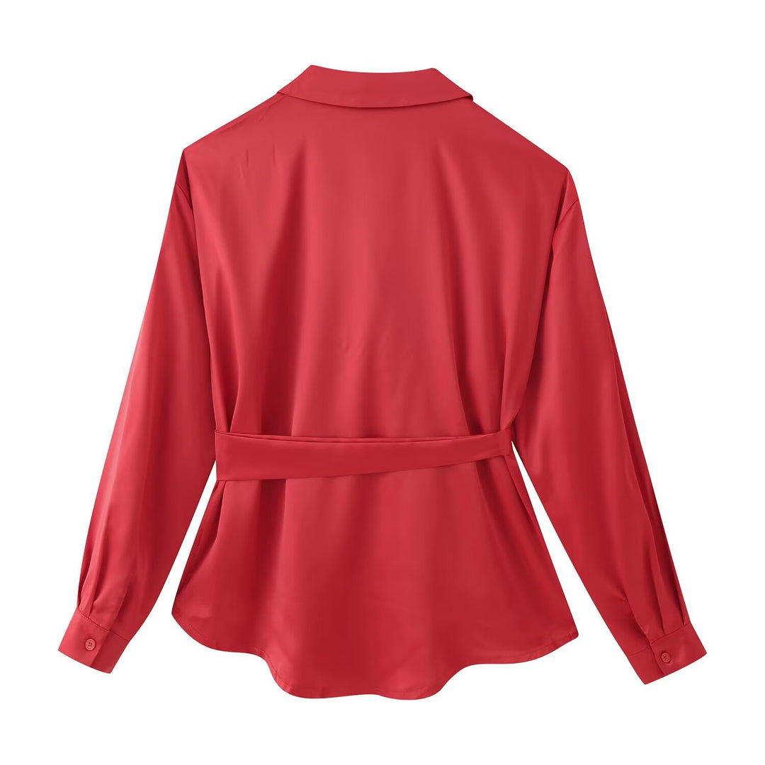 Damen Bluse mit Taillengürtel, V-Ausschnitt und langen Ärmeln Echo Archiv