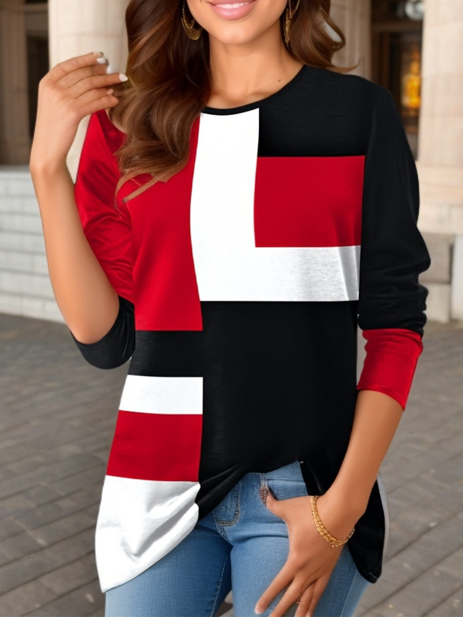 Damen nan geometrisches Colorblock Longsleeve-Tunika-Oberteil mit Rundhalsausschnitt und asymmetrischem Saum Echo Archiv