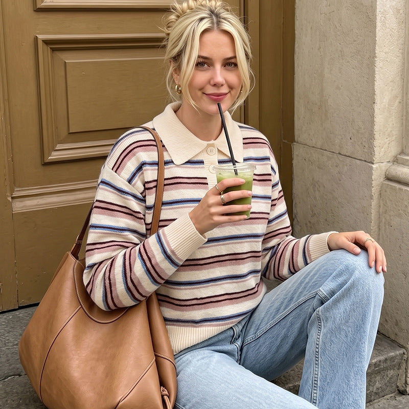 Damen Gestreifter Pullover mit Kragen Echo Archiv