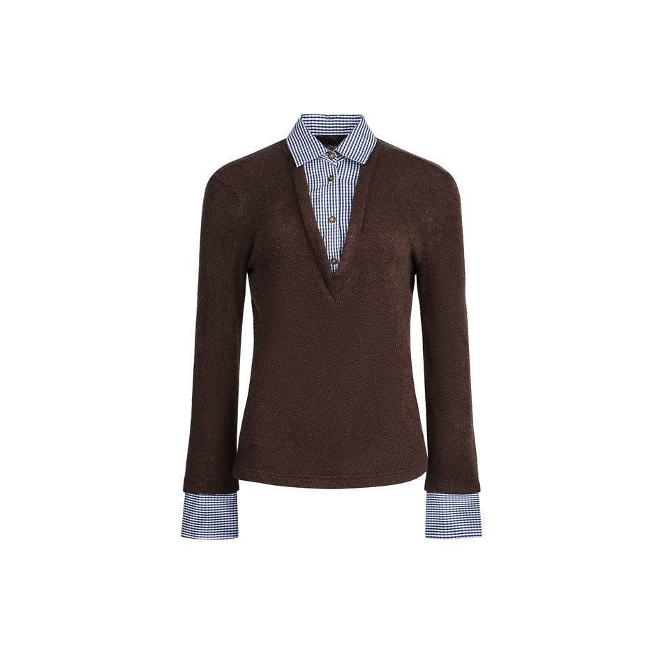 Damen Lagenlook-Pullover mit integriertem Hemdkragen und Manschetten Echoarchiv