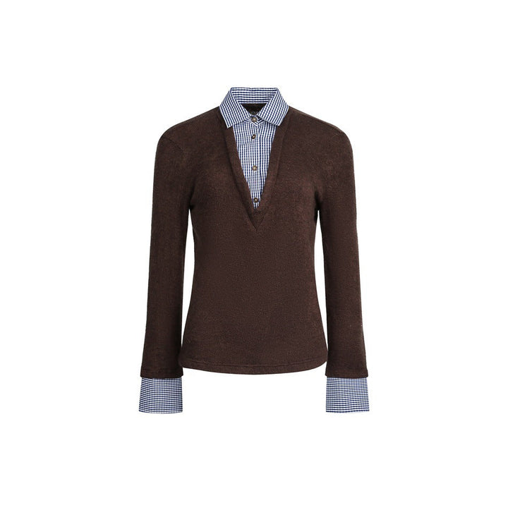 Damen Lagenlook-Pullover mit integriertem Hemdkragen und Manschetten Echoarchiv
