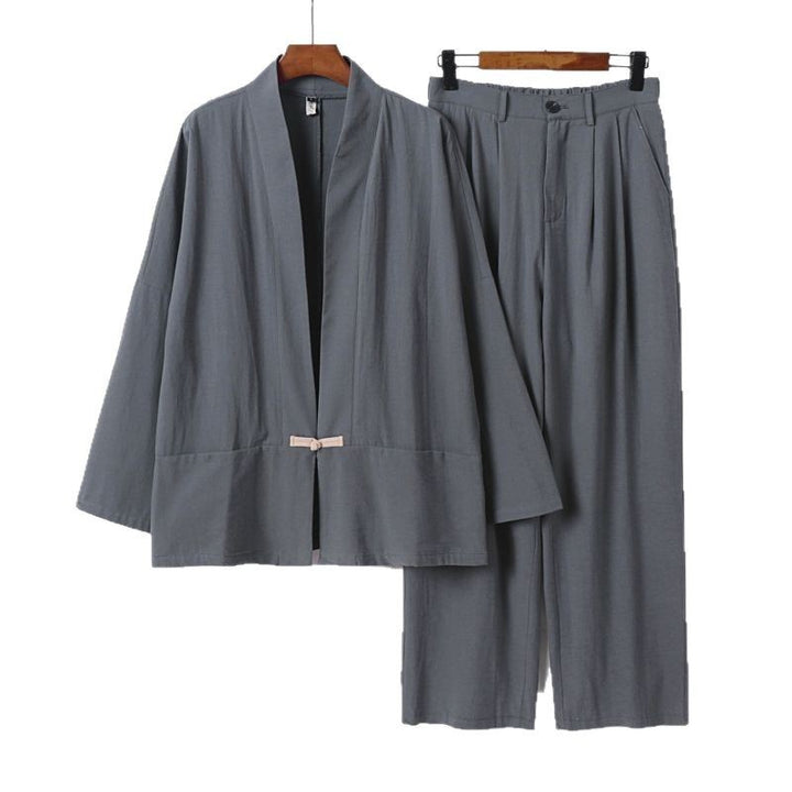 Damen Kimono-Lounge-Set aus leichtem Viskose-Leinen mit dekorativem Knebelverschluss und weiter Bundhose Echoarchiv
