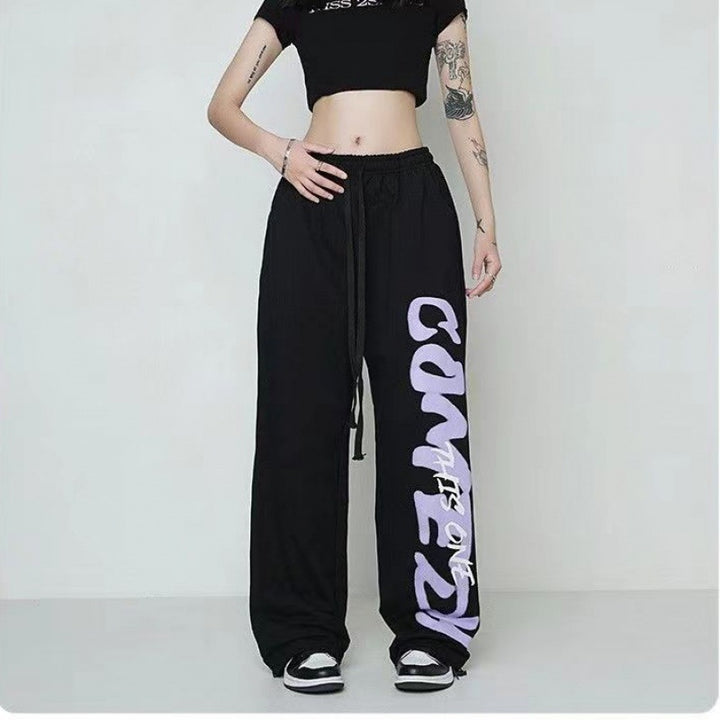 Damen weite Lounge-Hose mit elastischem Bund, Kordelzug und markantem Seitengrafikprint – Avélisse