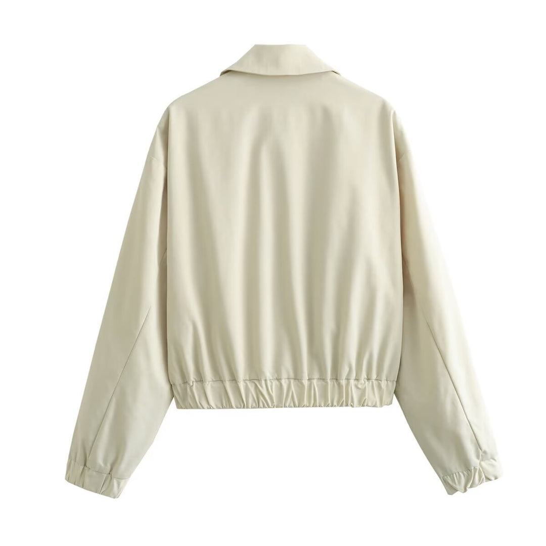 Damen leichte Oversize-Blousonjacke mit durchgehendem Reißverschluss, Hemdkragen und elastischen Ärmelbündchen – Célinea