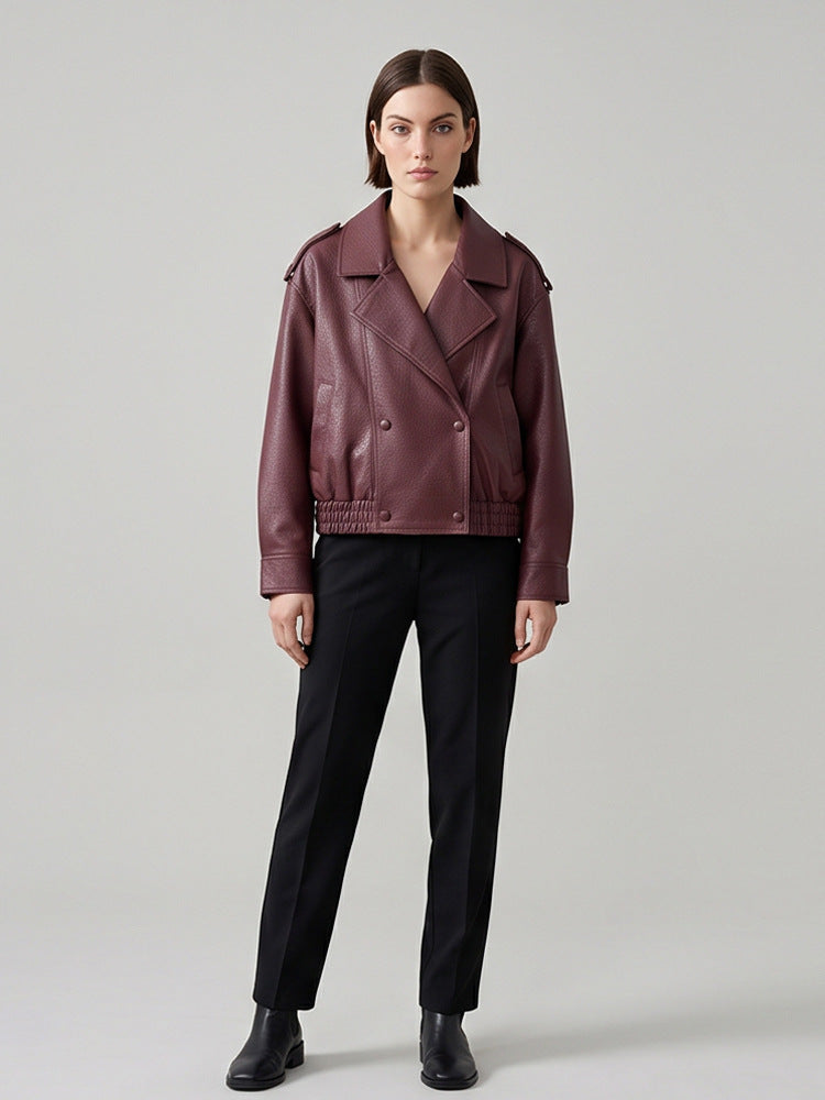 Damen Boxy-Lederimitat-Blouson mit strukturierter Narbung, doppelreihiger Knopfleiste & elastischem Saum Echoarchiv