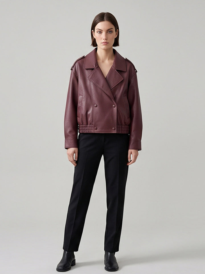 Damen Boxy-Lederimitat-Blouson mit strukturierter Narbung, doppelreihiger Knopfleiste & elastischem Saum Echoarchiv