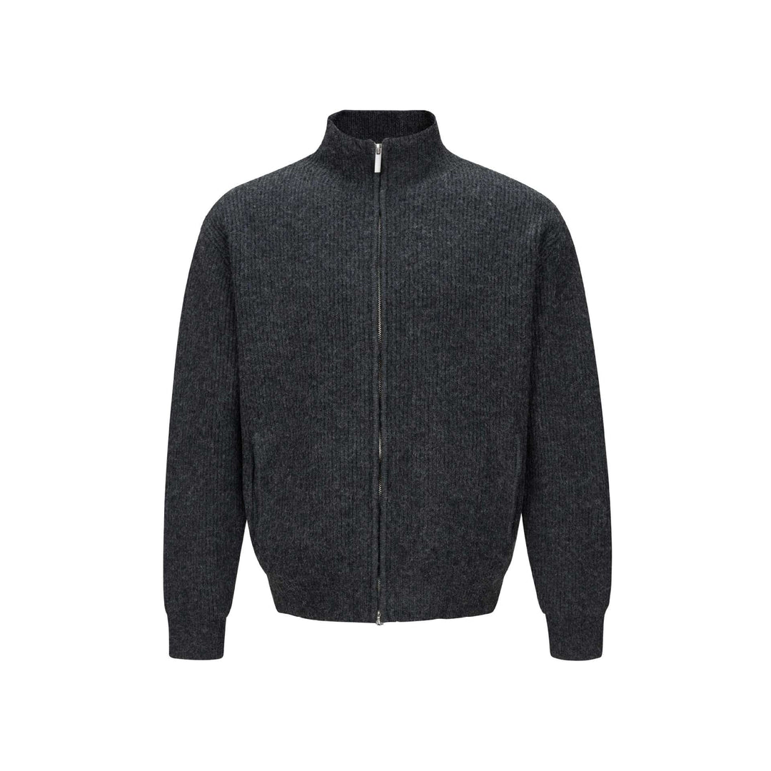 Unisex Kurzer gerippter Strickzipper mit hohem Stehkragen und schlankem Bund Echoarchiv